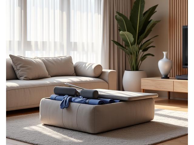Stylish ottoman transforming into a workout bench in a contemporary apartment living room